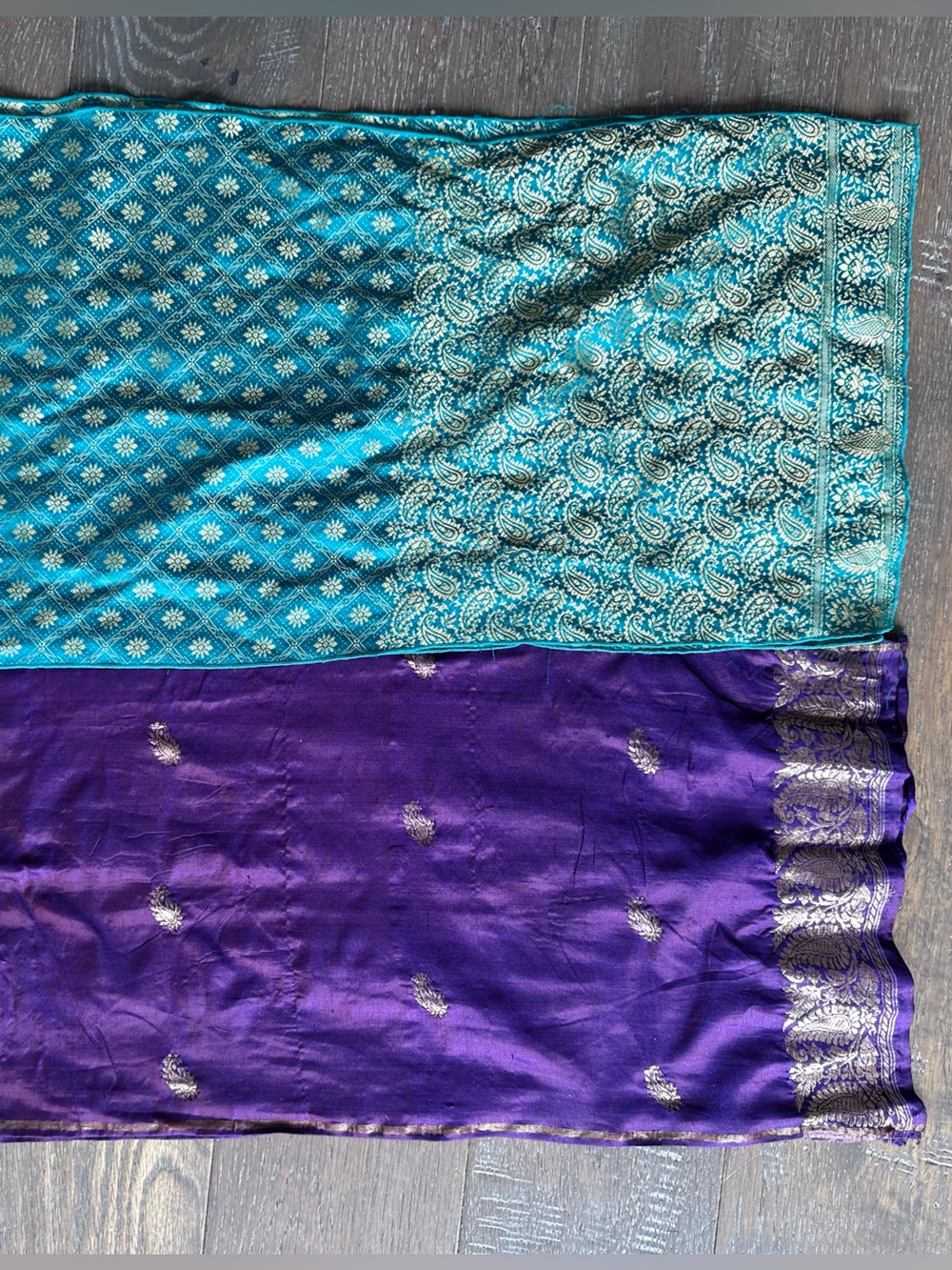 2 VINTAGE SILK SCARVES PURPLE TURQUOISE GOLD STITCHING